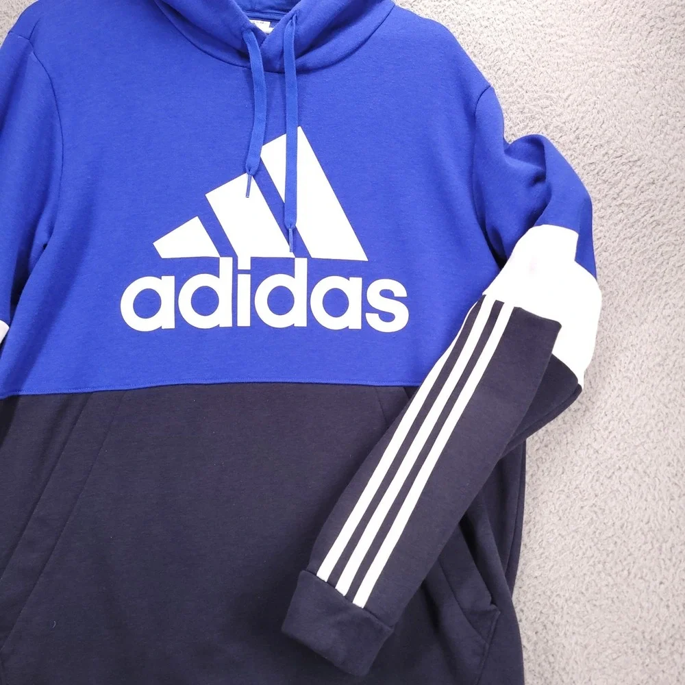 ADIDAS Sweater Mens Size LARGE Essentials Fleece Blue Colorblock Logo Hoodie‎